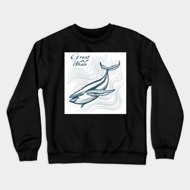 Great Whale in deep water. Engraving style. Only free font used. Crewneck Sweatshirt by devaleta